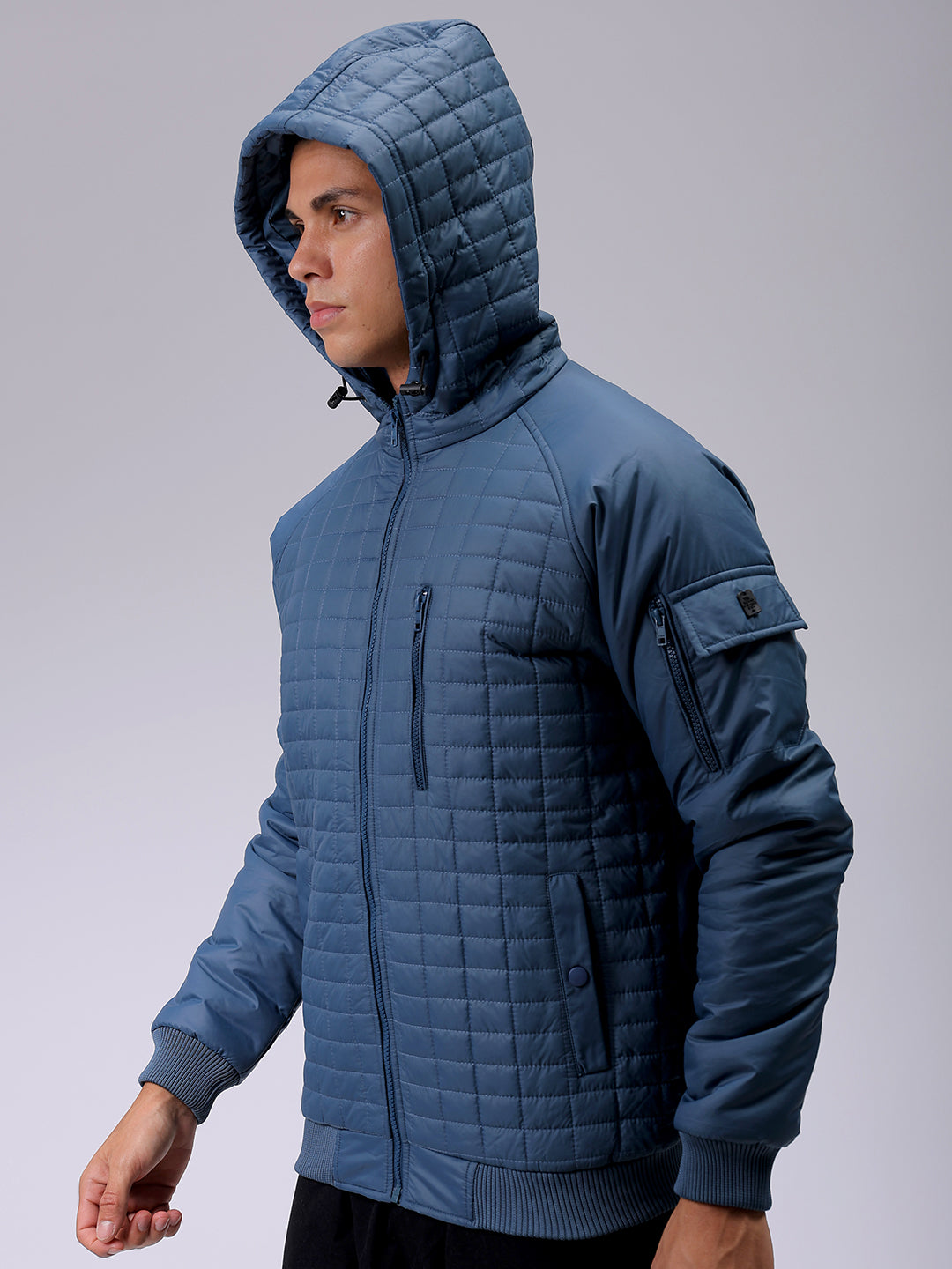 Men's Blue Slim Fit Solid Hooded Jacket