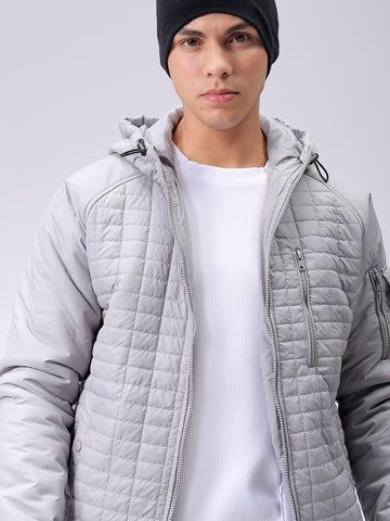 Men's Grey Slim Fit Solid Hooded Jacket