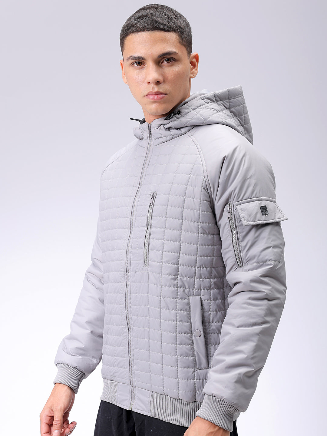 Men's Grey Slim Fit Solid Hooded Jacket