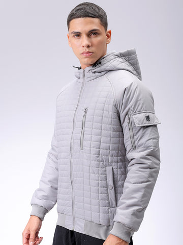 Men's Grey Slim Fit Solid Hooded Jacket
