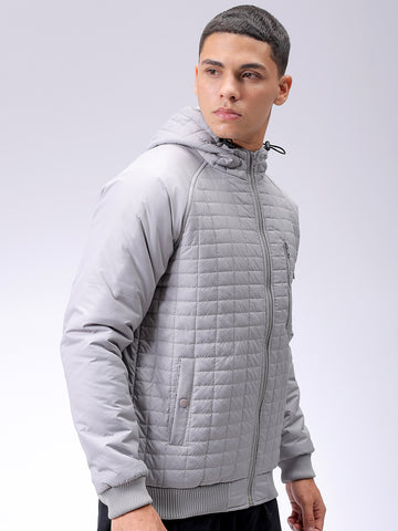 Men's Grey Slim Fit Solid Hooded Jacket