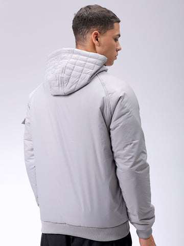 Men's Grey Slim Fit Solid Hooded Jacket