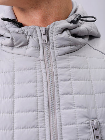 Men's Grey Slim Fit Solid Hooded Jacket