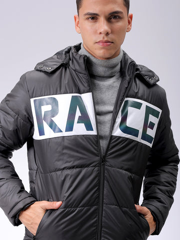 Men's Black Slim Fit Graphic Printed Hooded Jacket