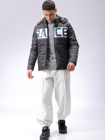Men's Black Slim Fit Graphic Printed Hooded Jacket