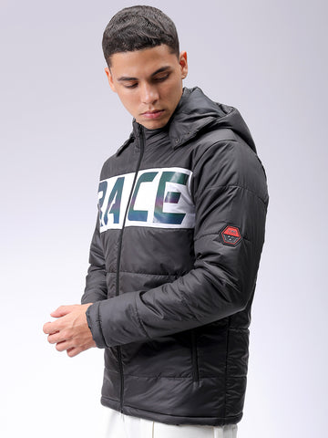 Men's Black Slim Fit Graphic Printed Hooded Jacket