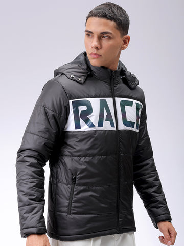 Men's Black Slim Fit Graphic Printed Hooded Jacket