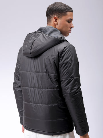 Men's Black Slim Fit Graphic Printed Hooded Jacket