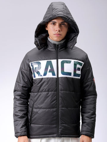 Men's Black Slim Fit Graphic Printed Hooded Jacket