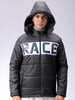 Men's Black Slim Fit Graphic Printed Hooded Jacket