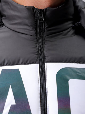 Men's Black Slim Fit Graphic Printed Hooded Jacket