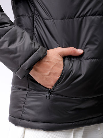 Men's Black Slim Fit Graphic Printed Hooded Jacket