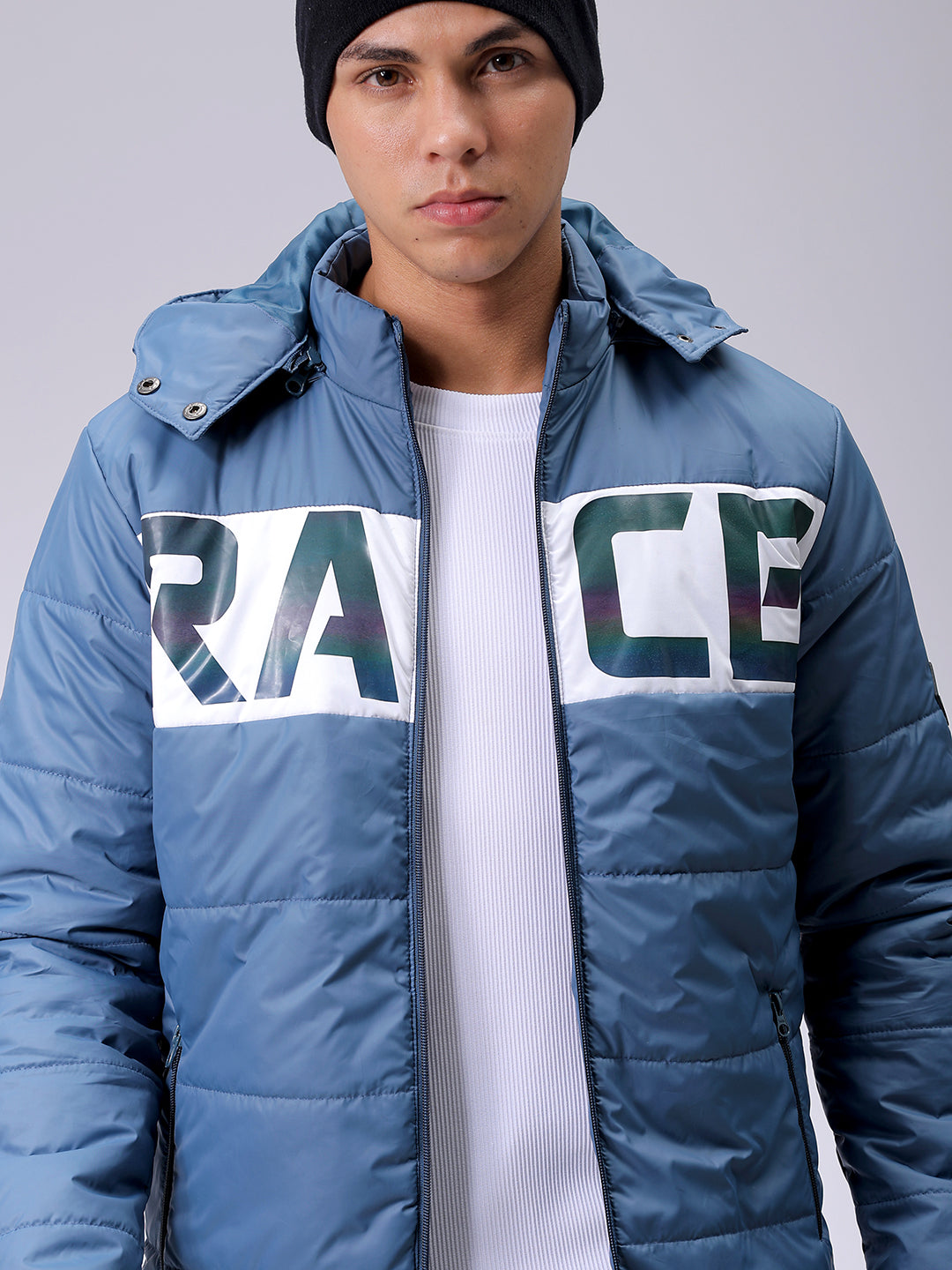 Men's Blue Slim Fit Graphic Printed Hooded Jacket