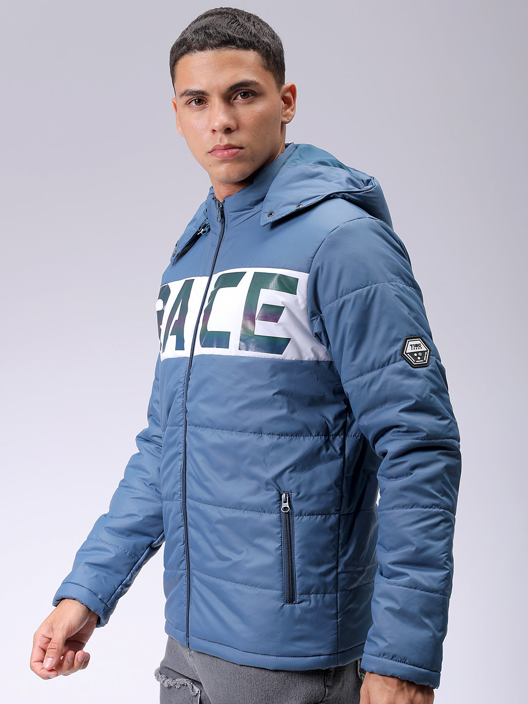 Men's Blue Slim Fit Graphic Printed Hooded Jacket