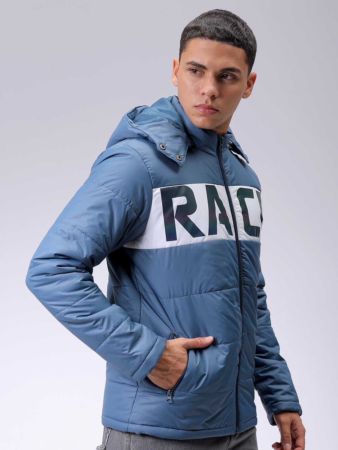 Men's Blue Slim Fit Graphic Printed Hooded Jacket