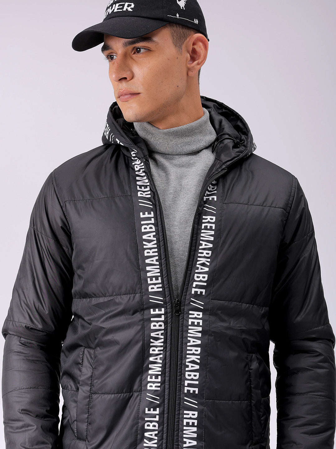 Men's Black Slim Fit Graphic Jacket