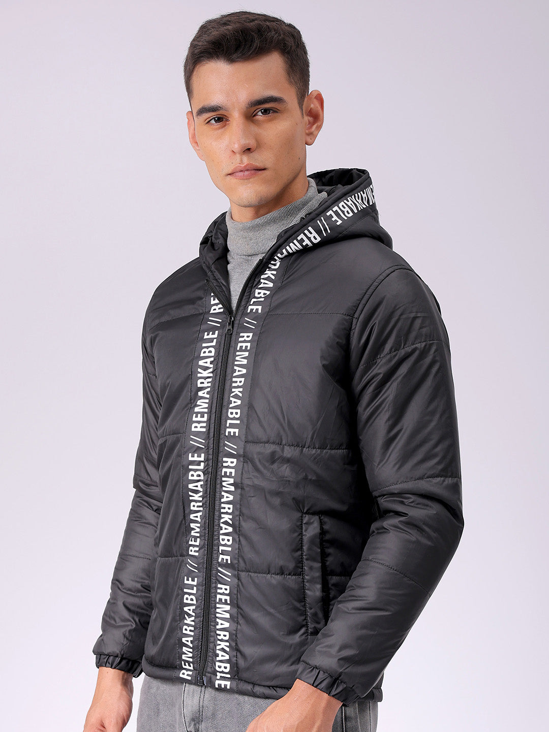 Men's Black Slim Fit Graphic Jacket