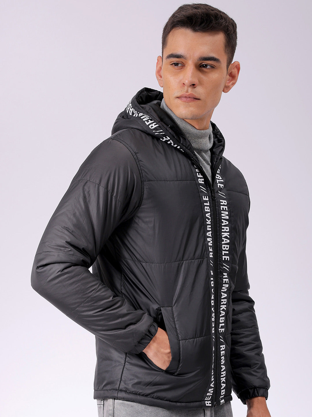 Men's Black Slim Fit Graphic Jacket