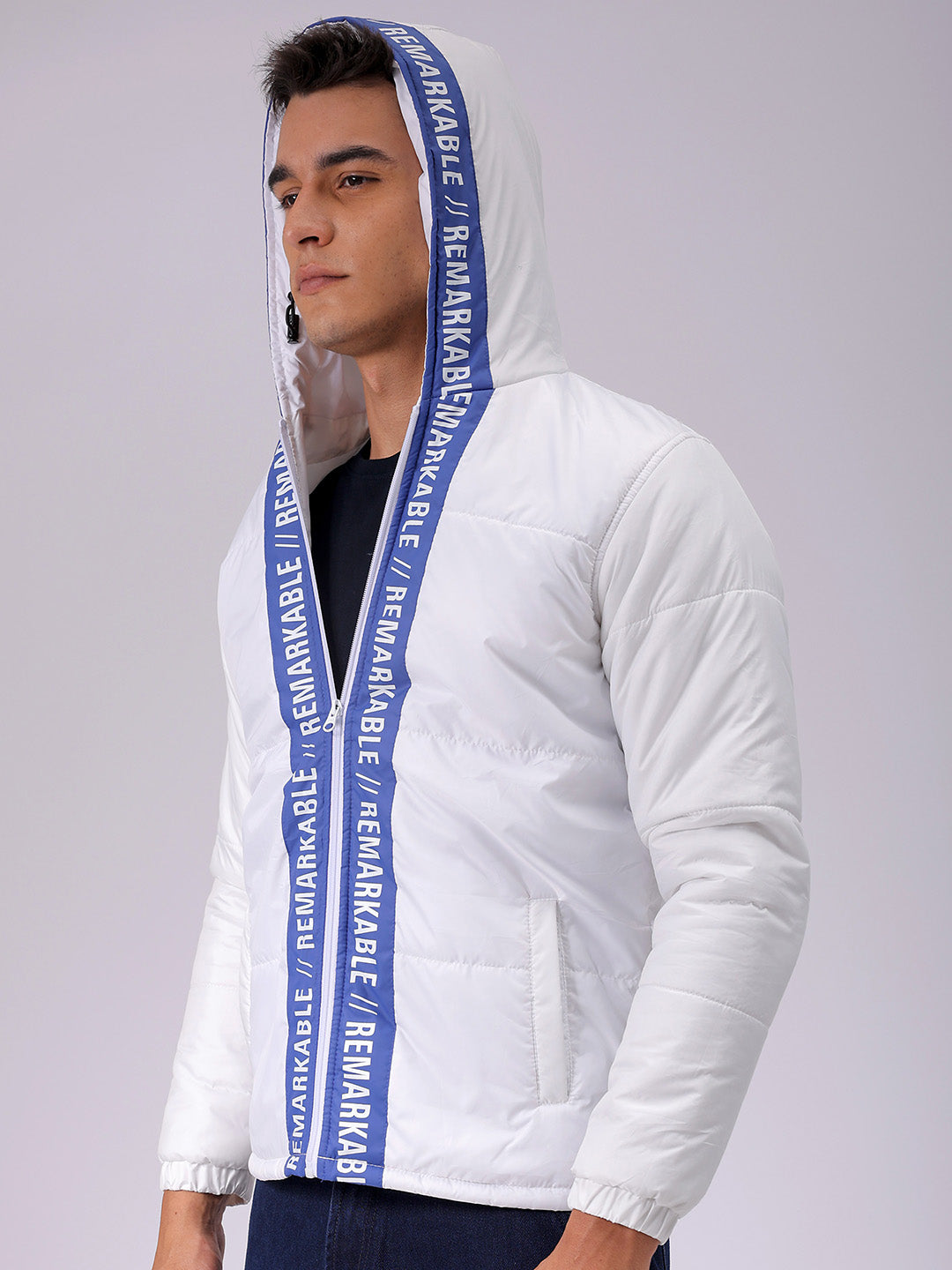 Men's White Slim Fit Graphic Jacket