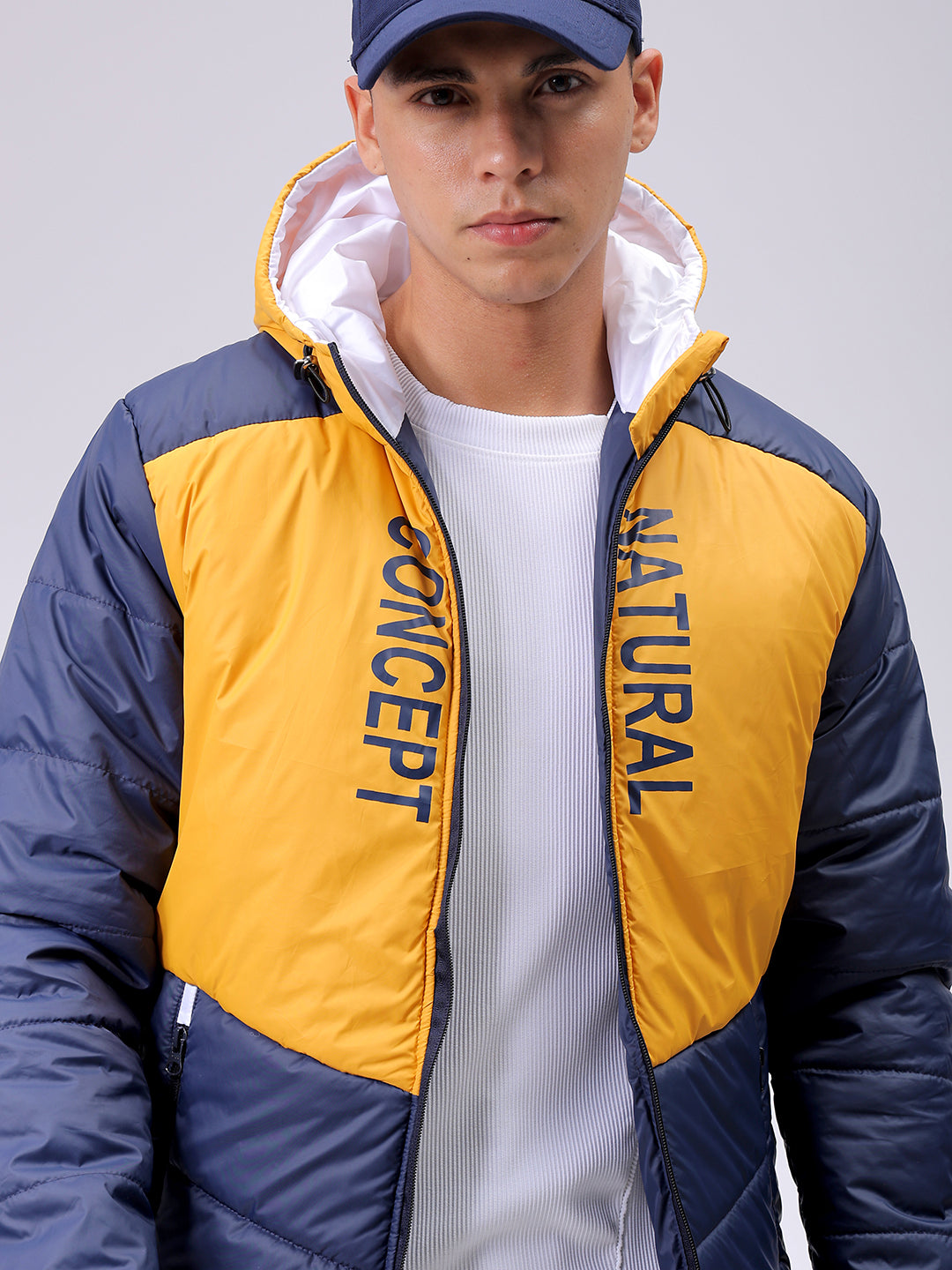 Men's Blue Slim Fit Graphic Printed Hooded Jacket