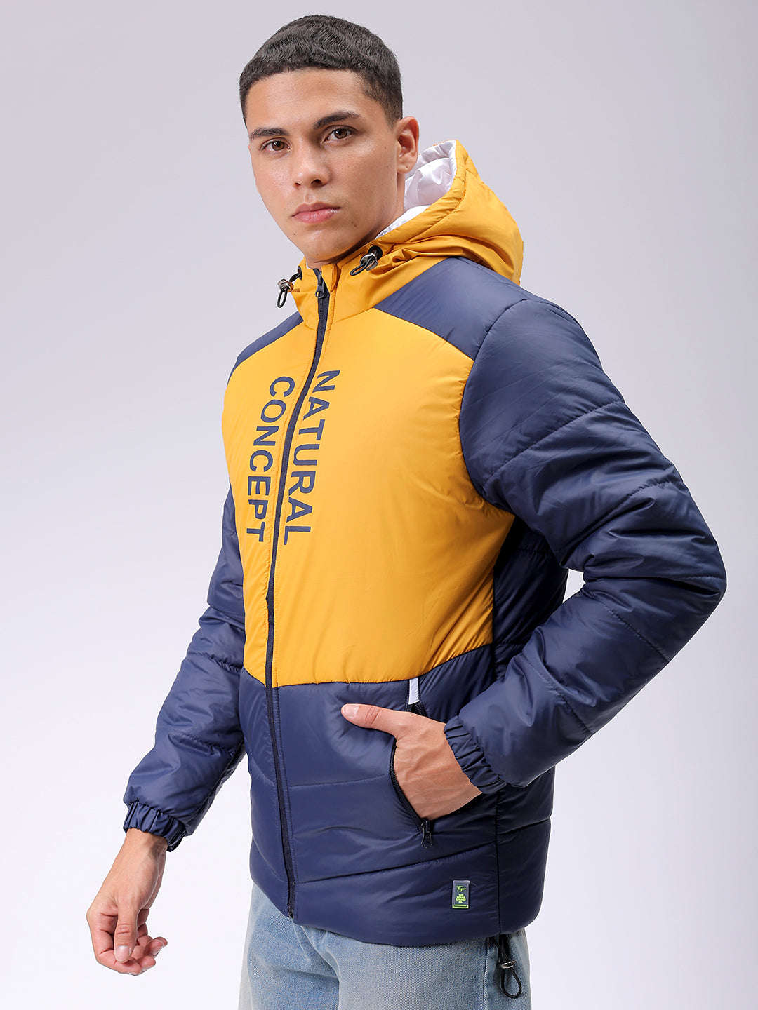 Men's Blue Slim Fit Graphic Printed Hooded Jacket