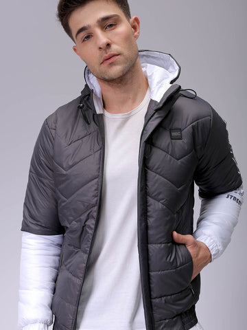 Men's Slim Fit Colourblocked Hooded Puffer Jacket