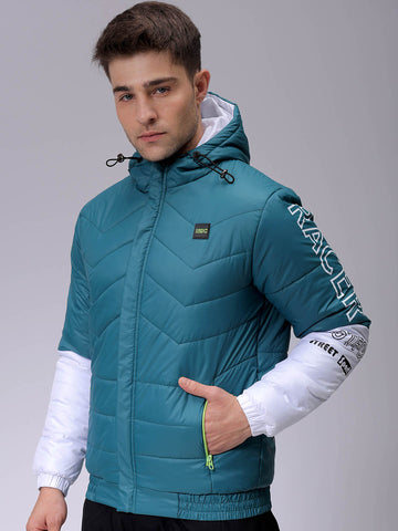 Men's Slim Fit Colourblocked Hooded Puffer Jacket