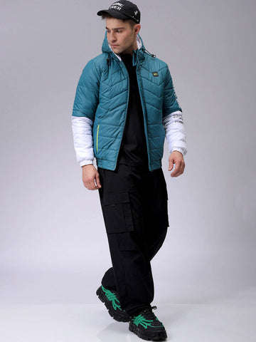 Men's Slim Fit Colourblocked Hooded Puffer Jacket
