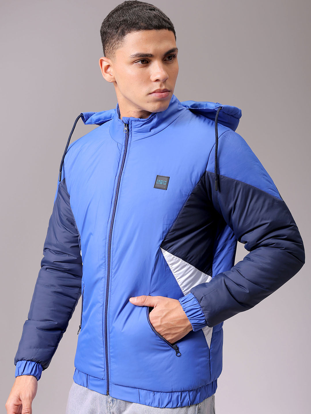 Men's Blue Slim Fit Colourblocked Jacket