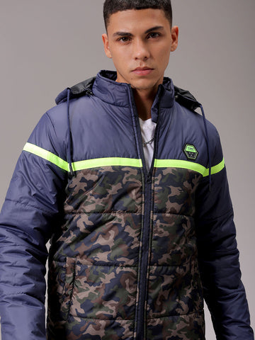 Men's Navy Blue Slim Fit Camouflage Jacket