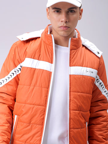 Men's Orange Slim Fit Colourblocked Hooded Jacket