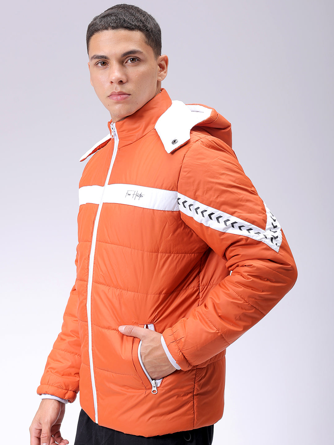 Men's Orange Slim Fit Colourblocked Hooded Jacket