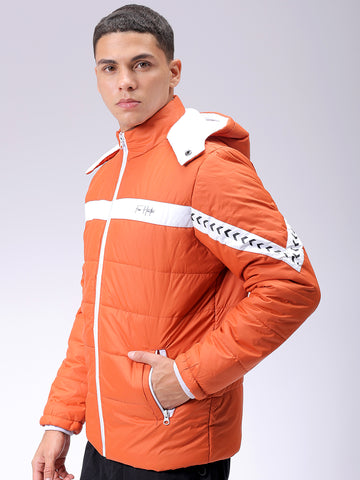 Men's Orange Slim Fit Colourblocked Hooded Jacket