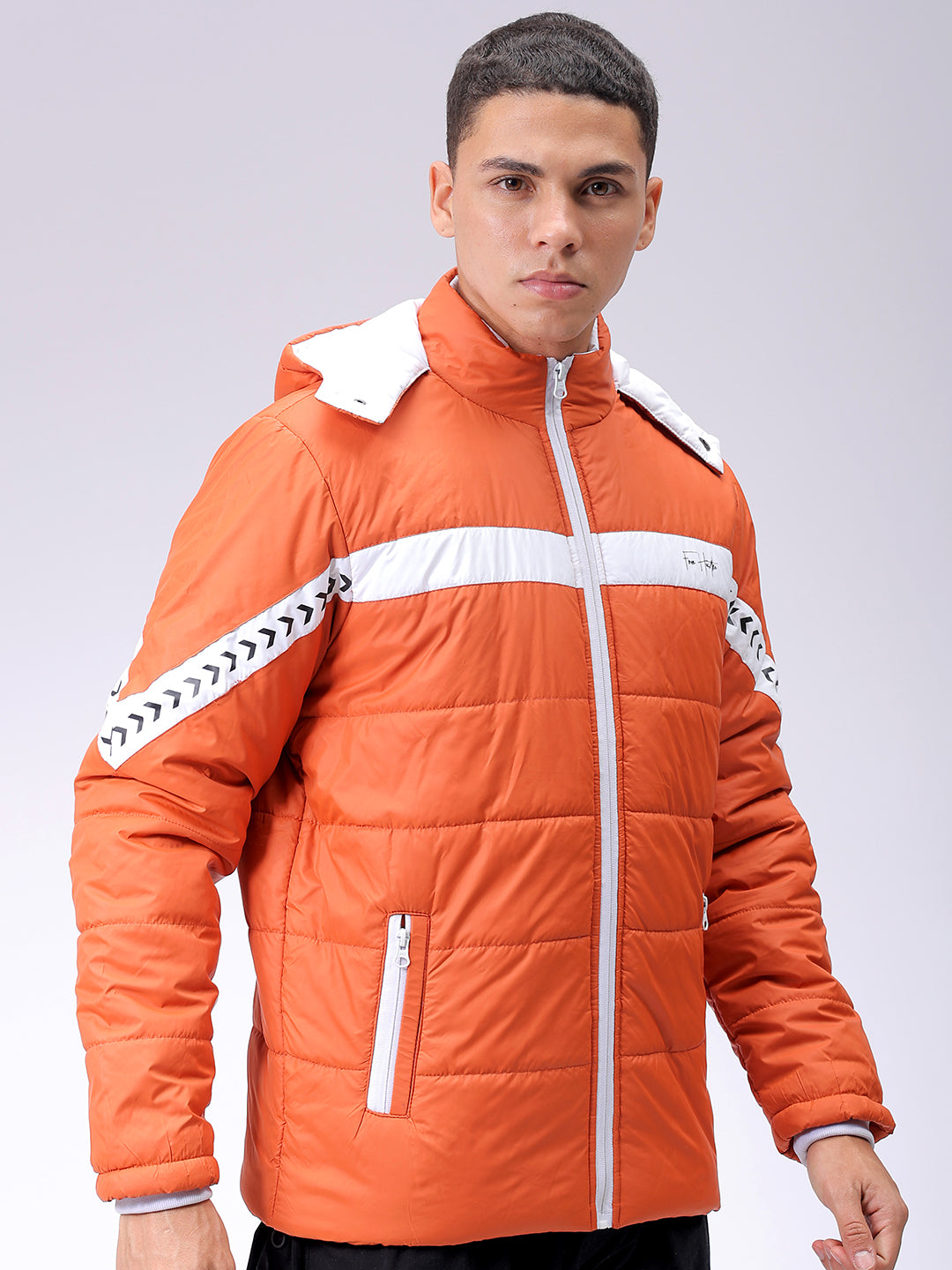 Men's Orange Slim Fit Colourblocked Hooded Jacket