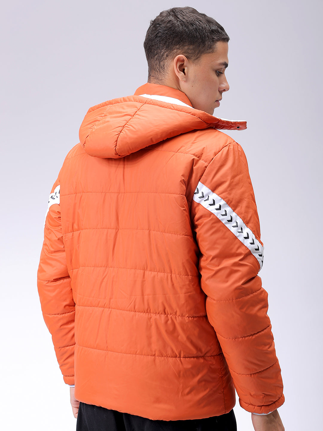 Men's Orange Slim Fit Colourblocked Hooded Jacket