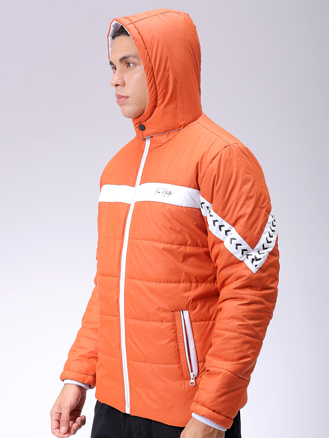 Men's Orange Slim Fit Colourblocked Hooded Jacket