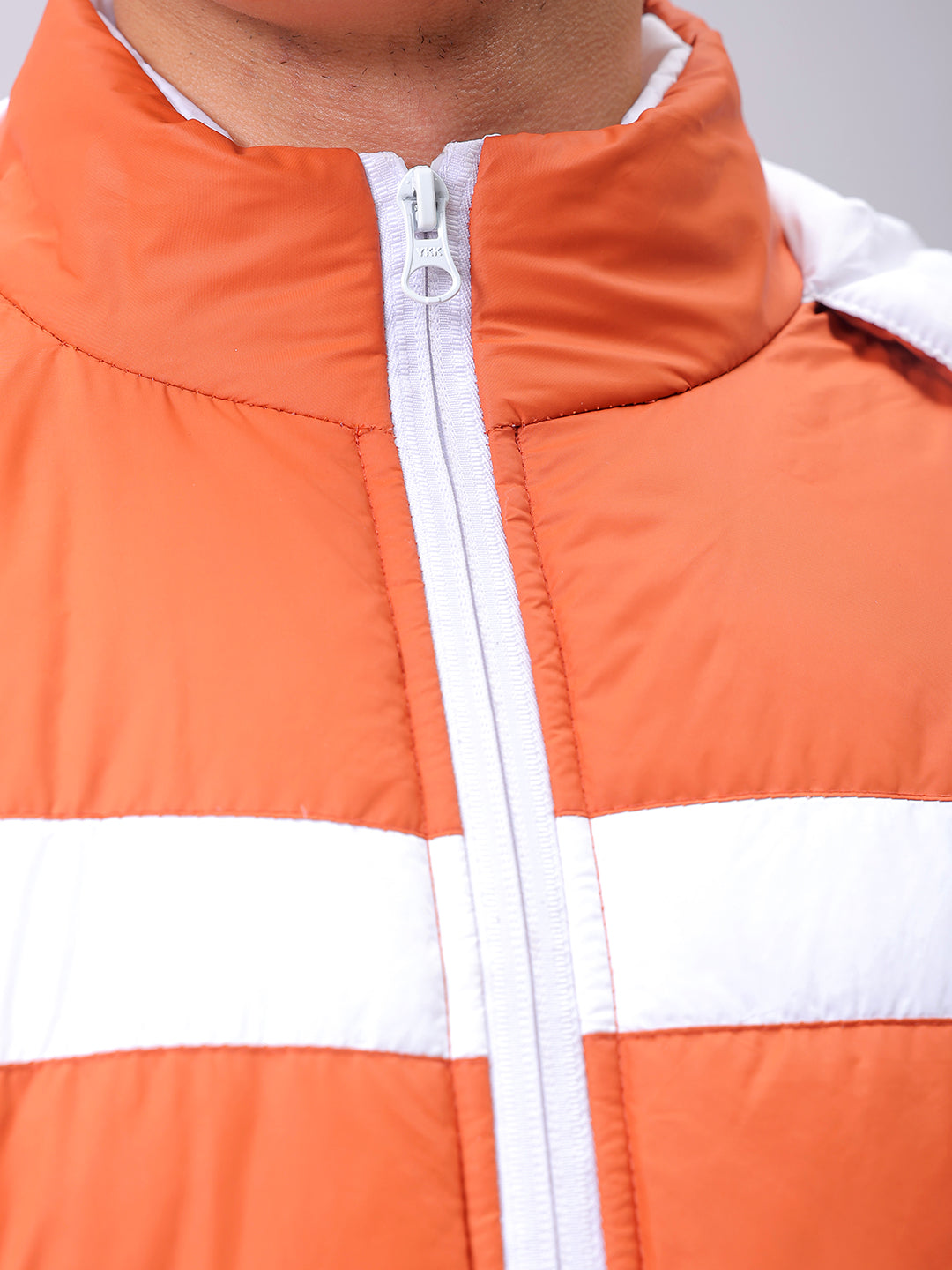 Men's Orange Slim Fit Colourblocked Hooded Jacket