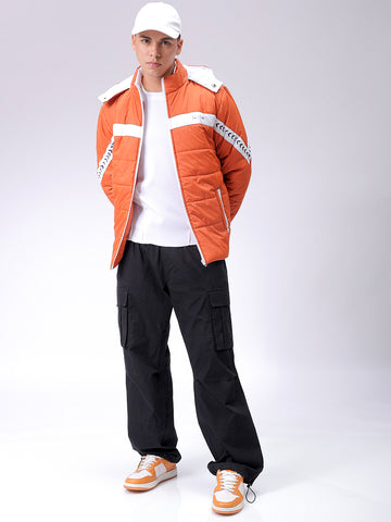 Men's Orange Slim Fit Colourblocked Hooded Jacket