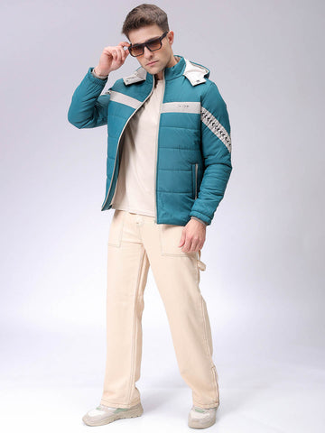 Men's Slim Fit Colourblocked Hooded Puffer Jacket