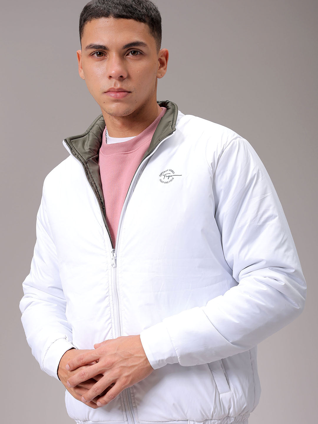 Men's White Slim Fit Solid Reversible Jacket