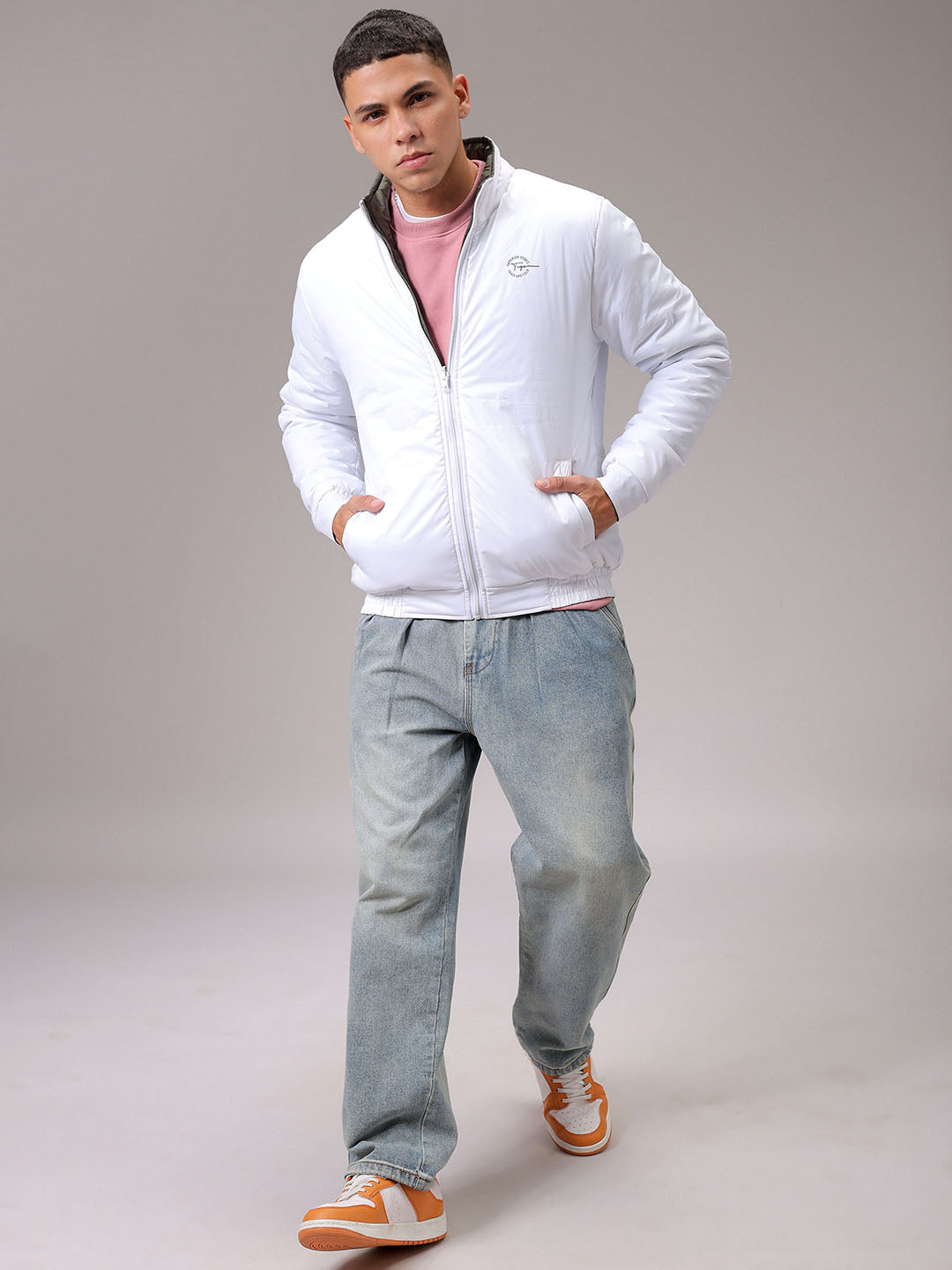 Men's White Slim Fit Solid Reversible Jacket