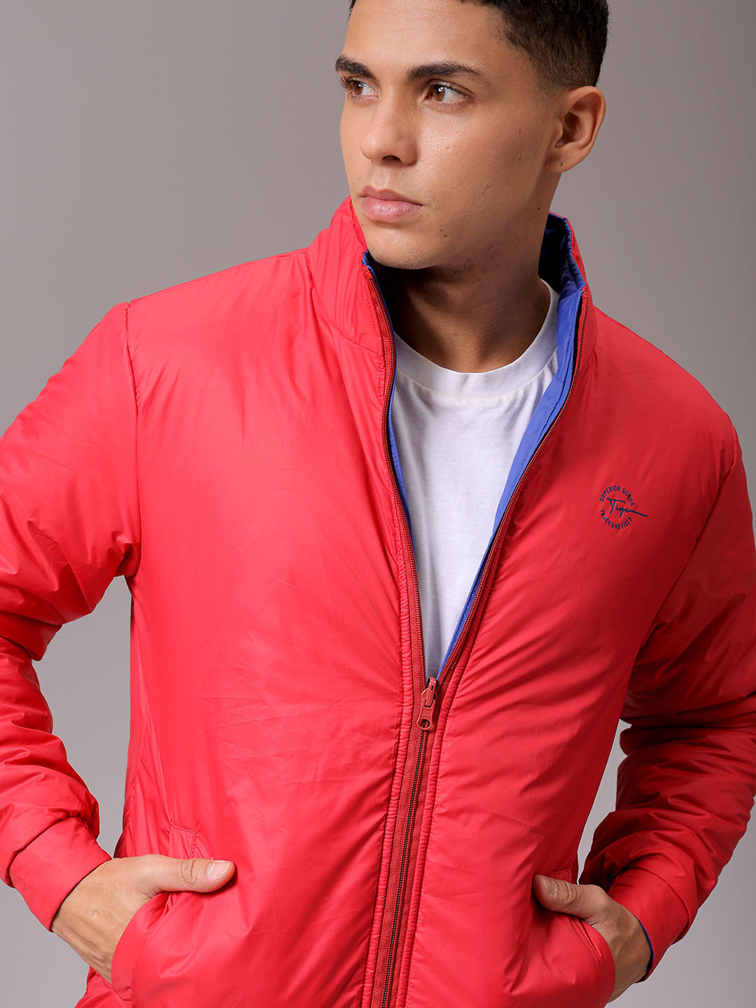 Men's Blue Slim Fit Solid Reversible Jacket