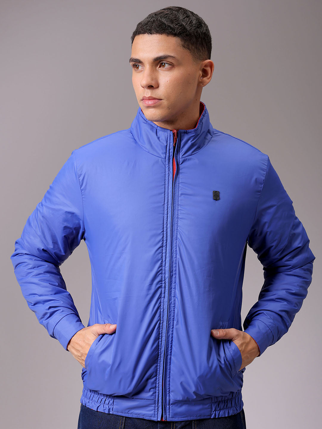 Men's Blue Slim Fit Solid Reversible Jacket