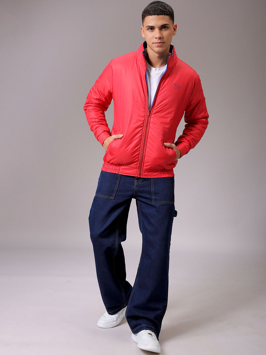 Men's Blue Slim Fit Solid Reversible Jacket