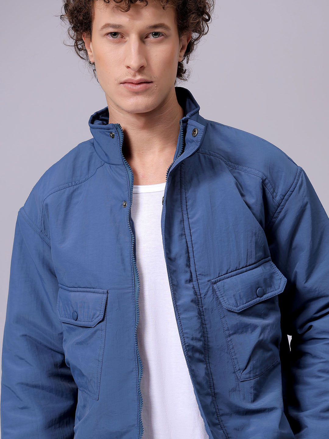 Men's Slim Fit Solid High Neck Puffer Jacket