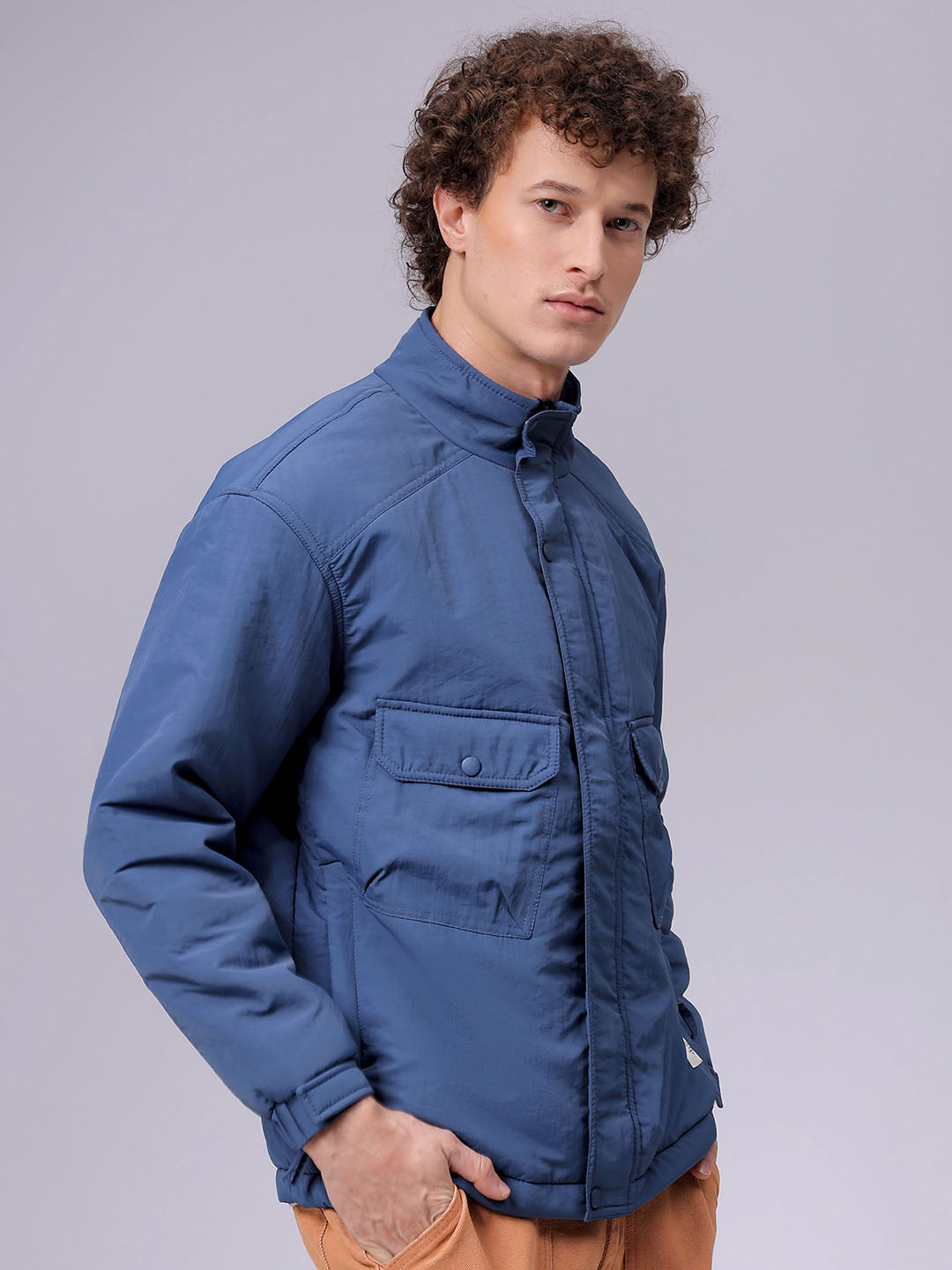 Men's Slim Fit Solid High Neck Puffer Jacket