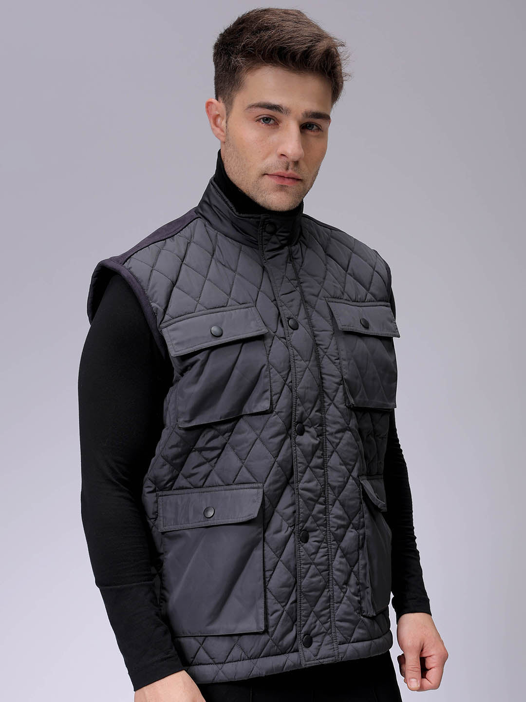 Men's Slim Fit Solid High Neck Puffer Jacket