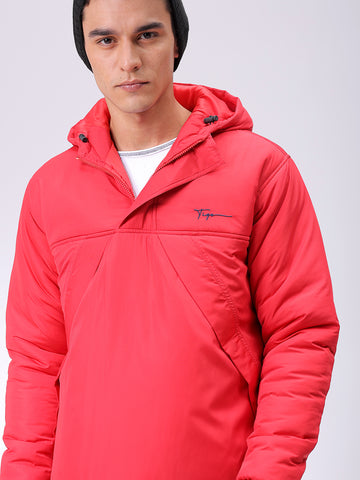 Men's Red Slim Fit Solid Hooded Jacket