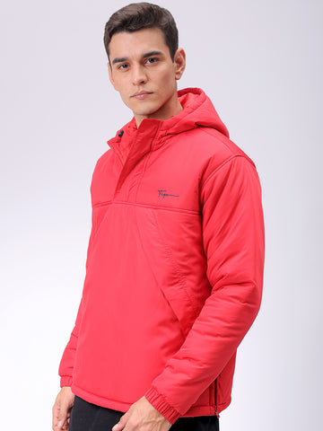 Men's Red Slim Fit Solid Hooded Jacket