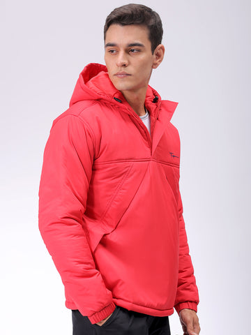 Men's Red Slim Fit Solid Hooded Jacket